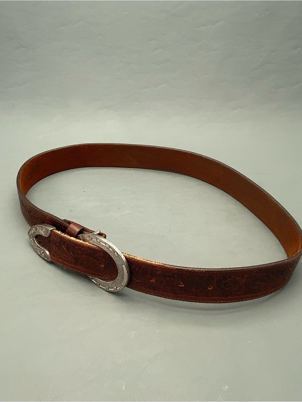 Justin Vintage Western Leather Belt 32 Brown Floral Tooled Horseshoe 107BD